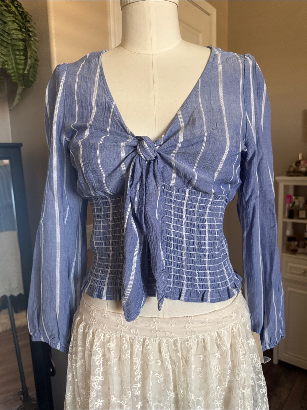 American Eagle Outfitters Blue and White Striped Tie-Front Smocked Top